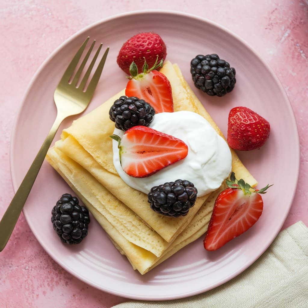 Delicious homemade sweet crepes with fresh strawberries and powdered sugar.