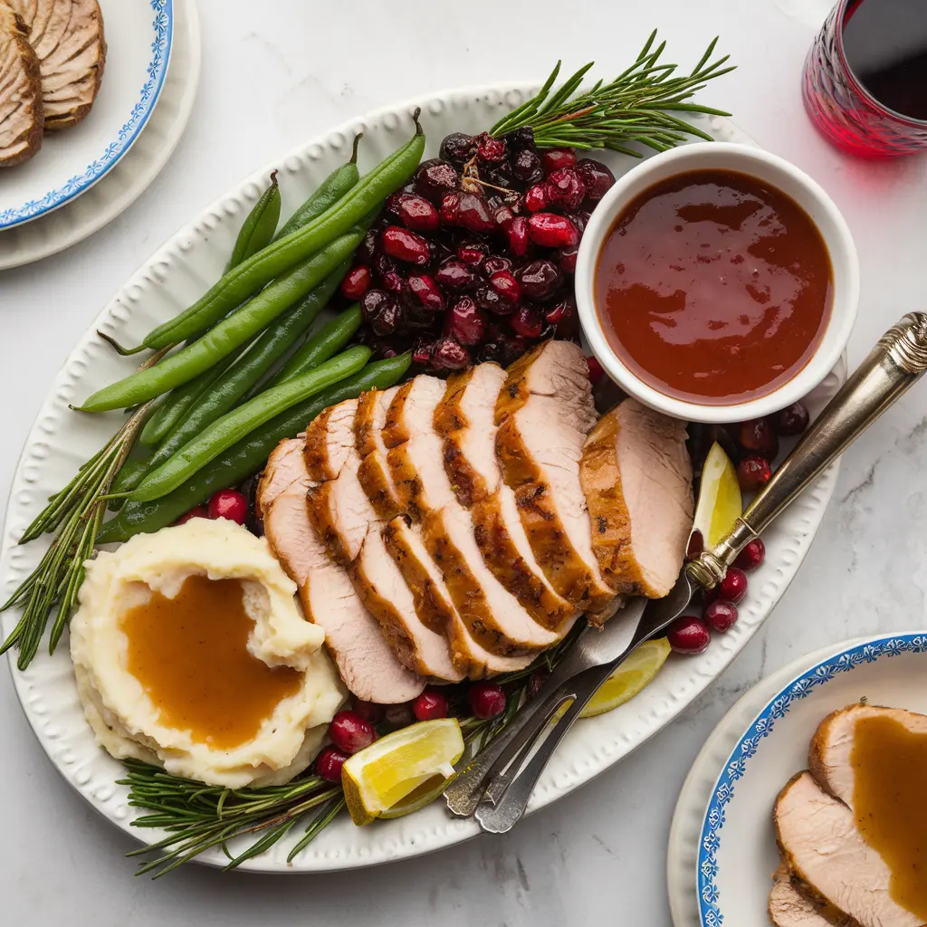 Instant Pot turkey breast on a serving platter with garnishes