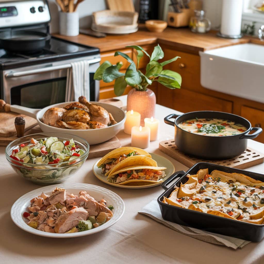 A variety of dishes made from leftover rotisserie chicken displayed on a table.