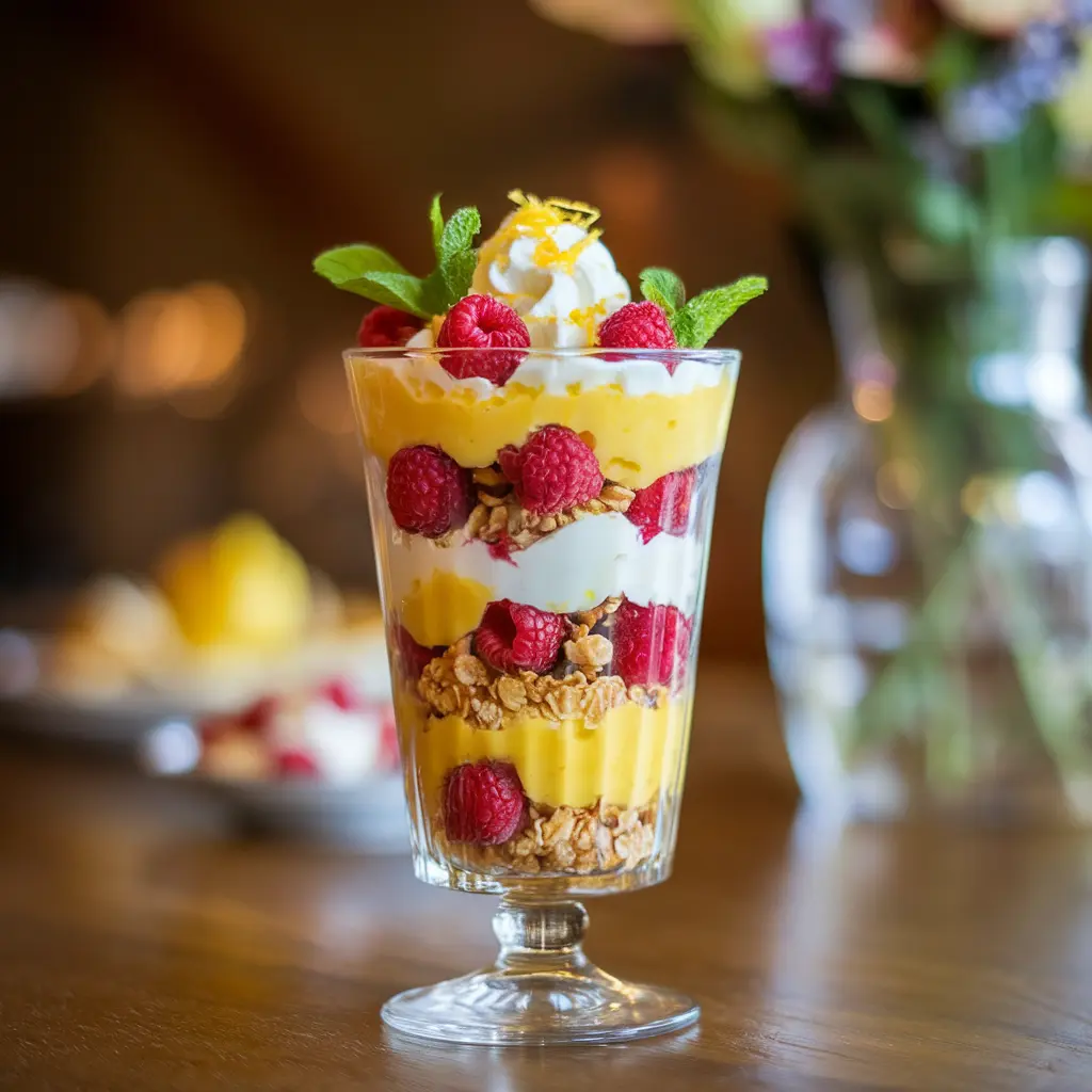 A layered Lemon Raspberry Parfait in a clear glass with fresh raspberries and mint garnish.