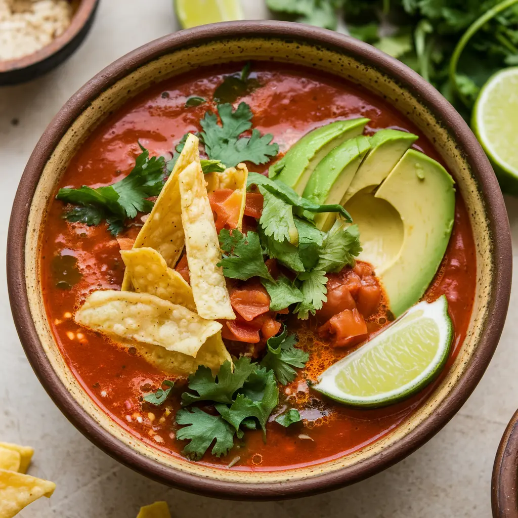 A vibrant bowl of Mexican tortilla soup garnished with avocado, tortilla strips, and lime wedges.