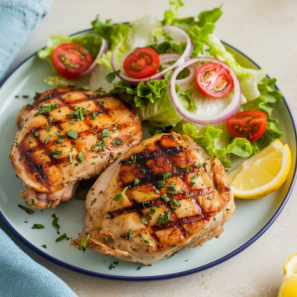 Grilled chicken thighs on a serving platter