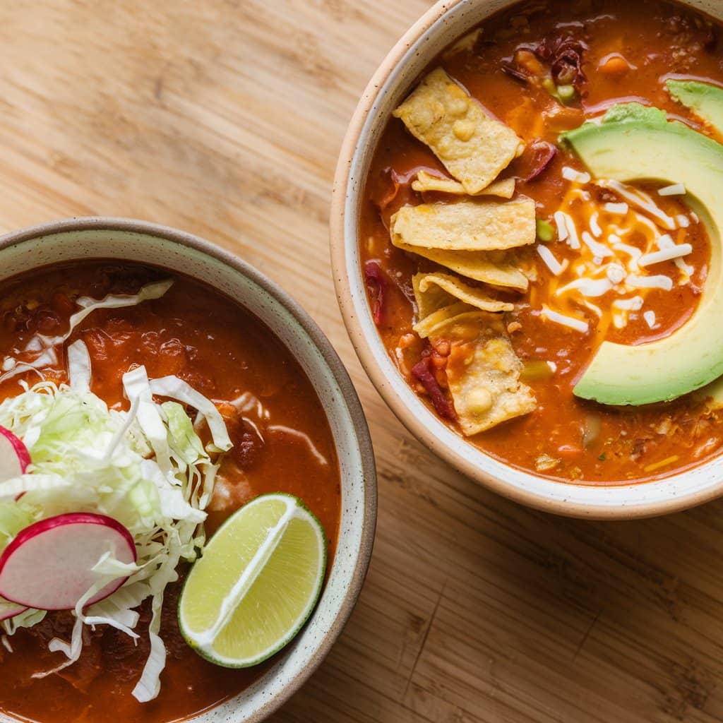 Traditional Mexican soups pozole and tortilla soup