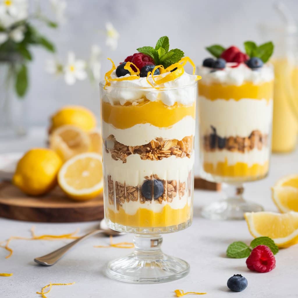 A layered lemon parfait in a clear glass with whipped cream and lemon zest.