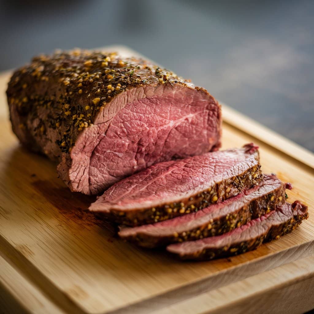 Perfectly roasted beef on a wooden platter.