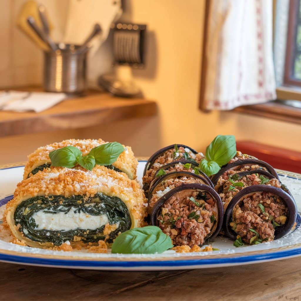 Rollatini and involtini side by side on a rustic plate.