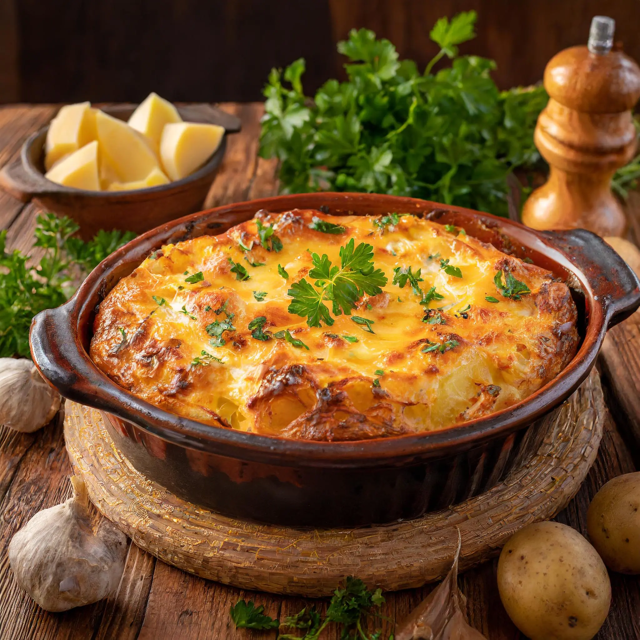 A golden-brown potato casserole in a rustic ceramic dish, garnished with fresh parsley, placed on a wooden table surrounded by fresh potatoes and herbs.