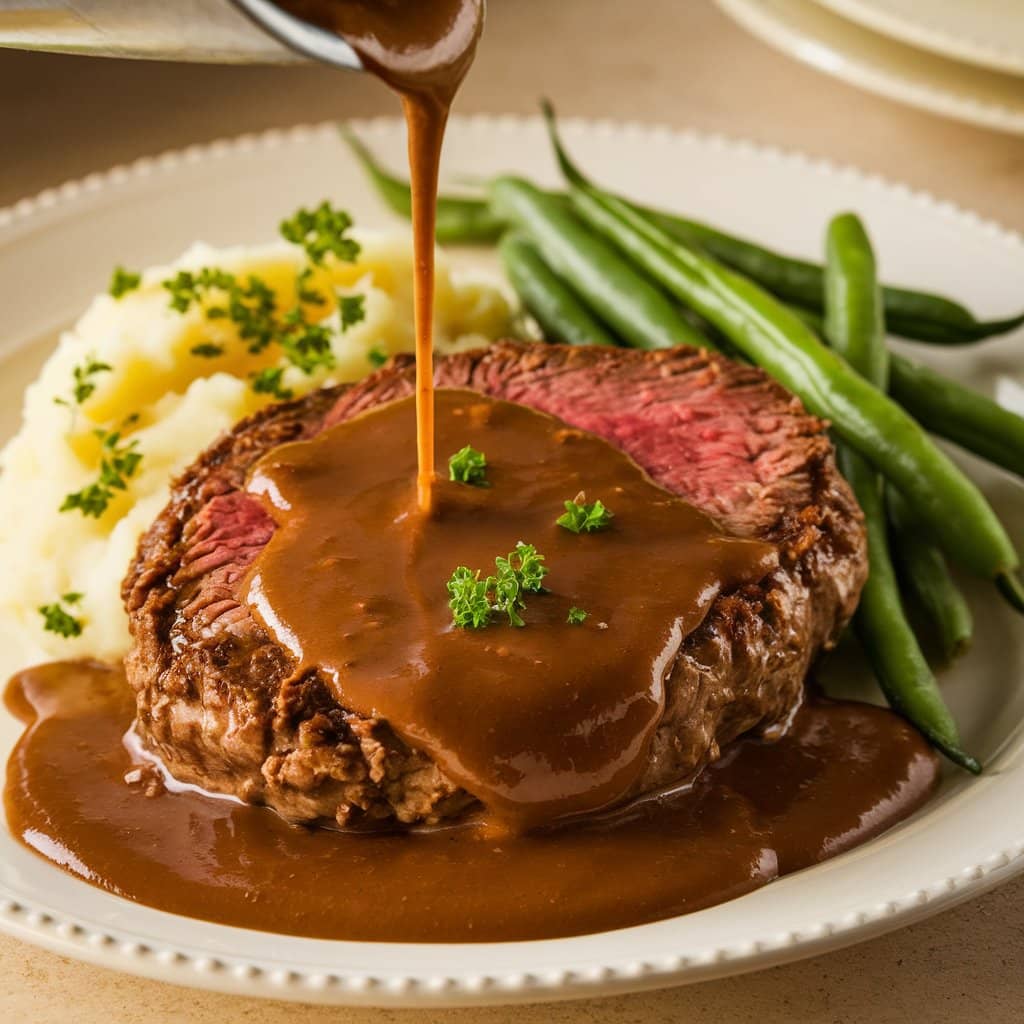 Salisbury steak with gravy on a plate