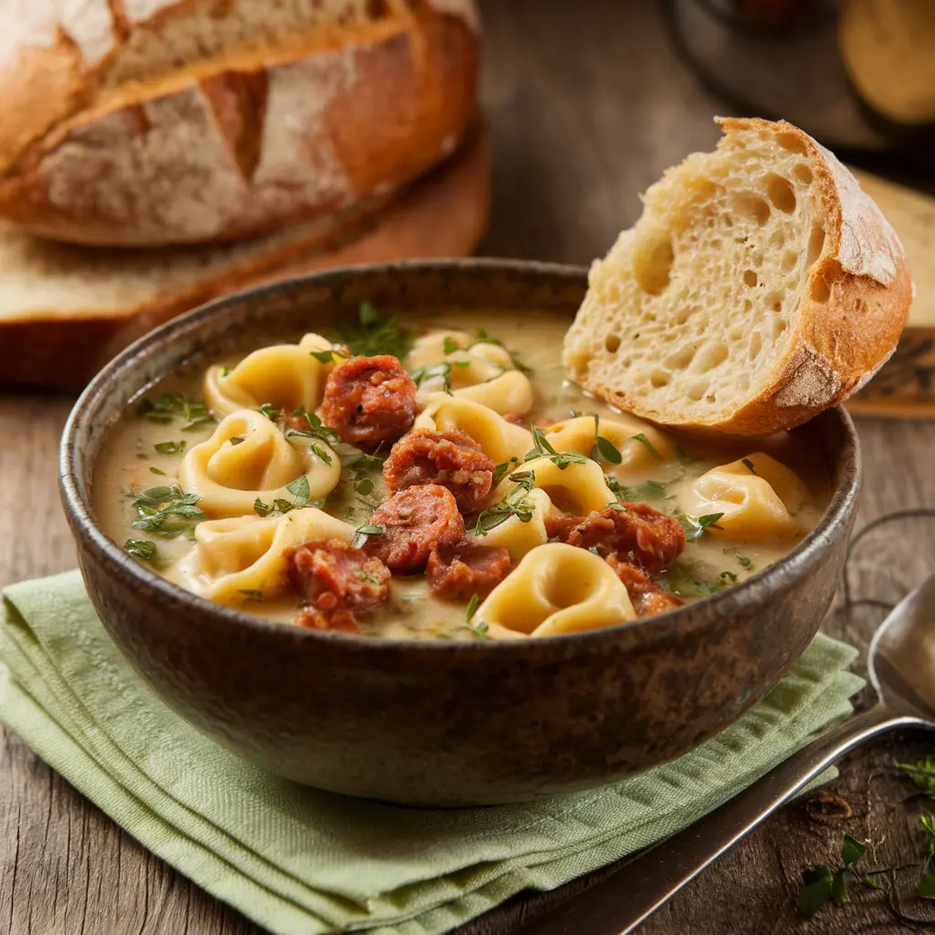 Bowl of Sausage Tortellini Soup with Fresh Herbs