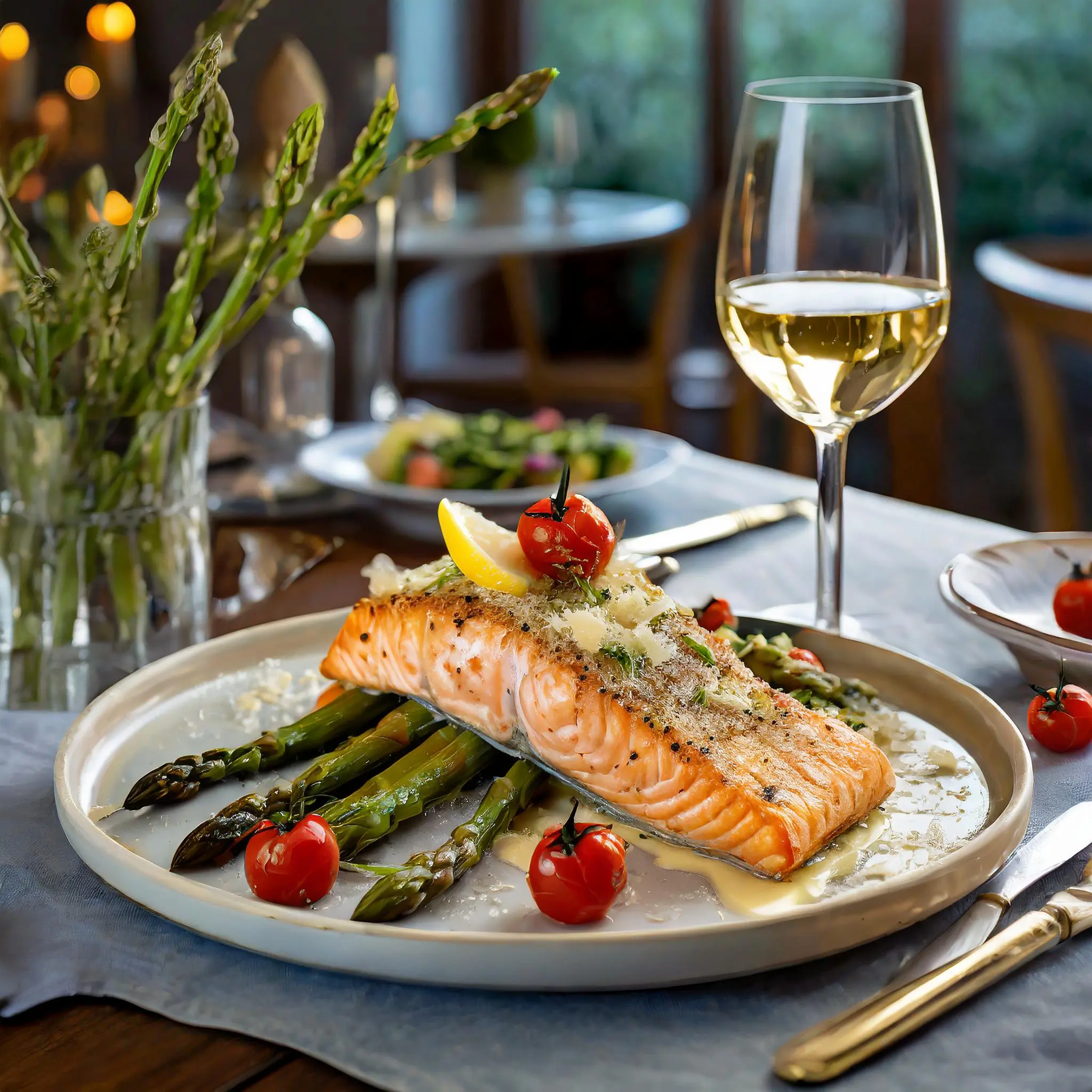 A plated Salmon Fillet with parmesan served with roasted vegetables and a glass of white wine.