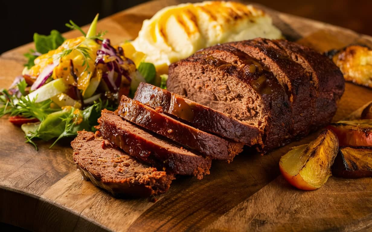 Sliced smoked meatloaf on a wooden cutting board with side dishes.