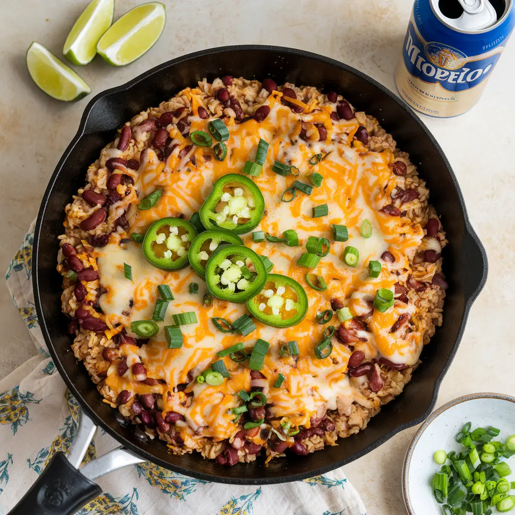 A vibrant skillet filled with Southwest Skillet Chicken, colorful vegetables, and garnishes.