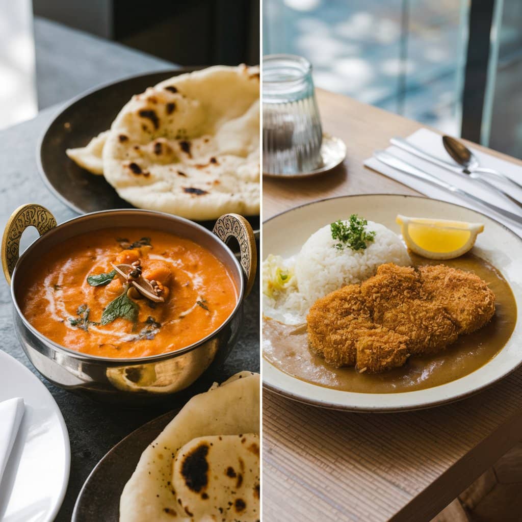 A plate of traditional curry next to Japanese katsu curry.