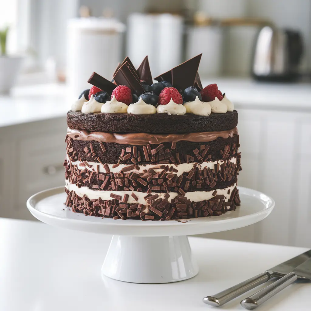 A beautifully presented Triple Chocolate Cake on a white cake stand.