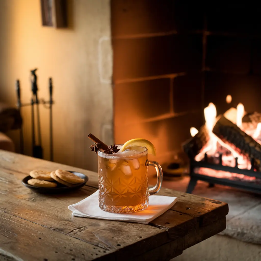 Hot Toddy drink in a glass mug by a cozy fireplace