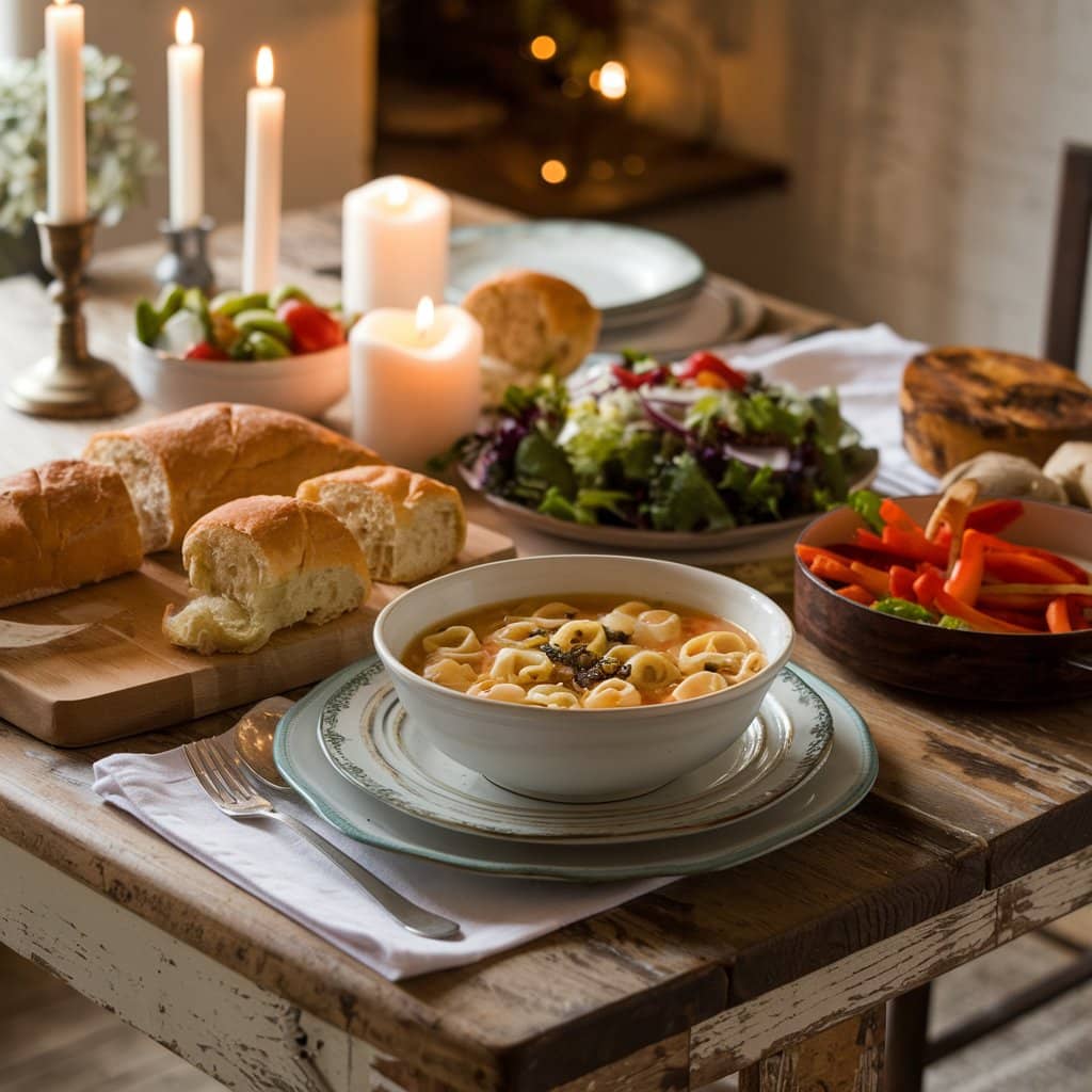 A bowl of tortellini soup with bread, vegetables, and appetizers on the table.