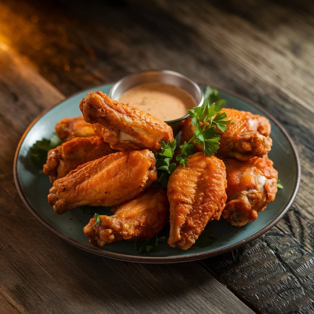 Crispy chicken wings served with dipping sauce