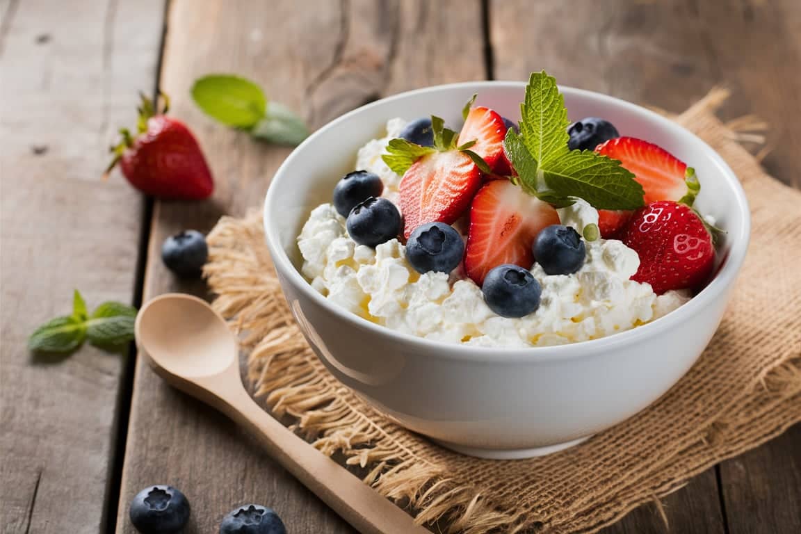 A fresh bowl of cottage cheese with fruits and herbs on a wooden table.