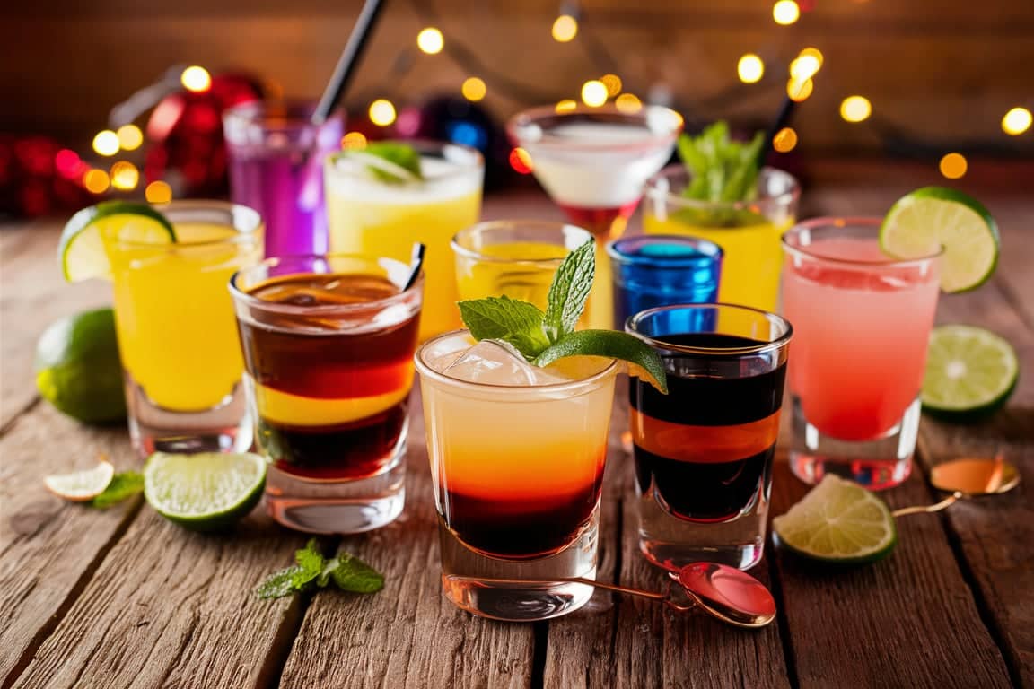 A vibrant collection of shot drinks featuring colorful layers and garnishes in different shot glasses.