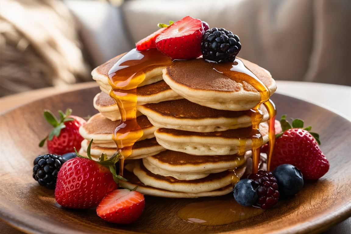 Stack of golden mini pancakes topped with syrup and fresh berries