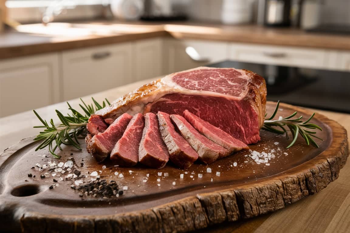 Freshly cut chuck eye steak on a rustic wooden board with seasoning.