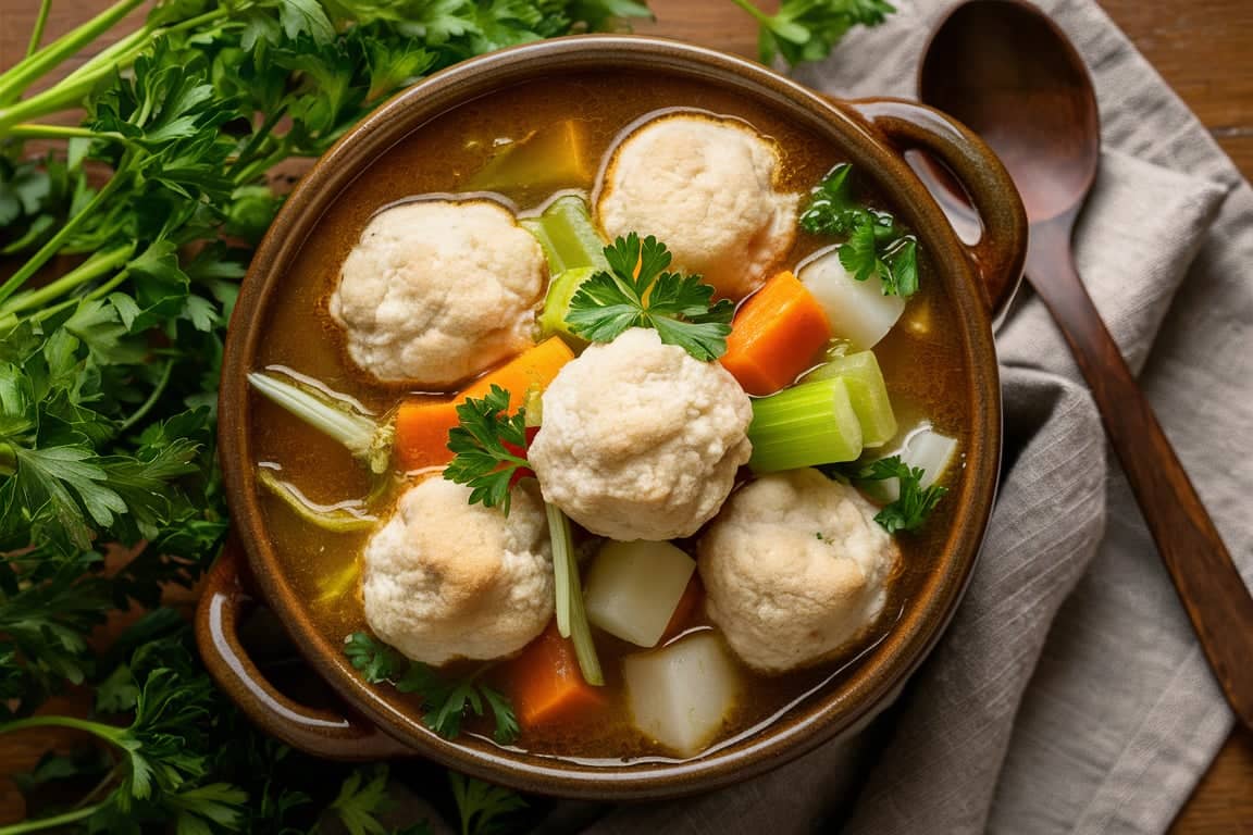 A hearty bowl of soup topped with fluffy Bisquick dumplings, garnished with fresh parsley.