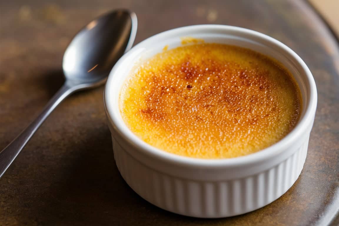 A golden caramelized sugar crust on crème brûlée served in a white ramekin with a spoon beside it.