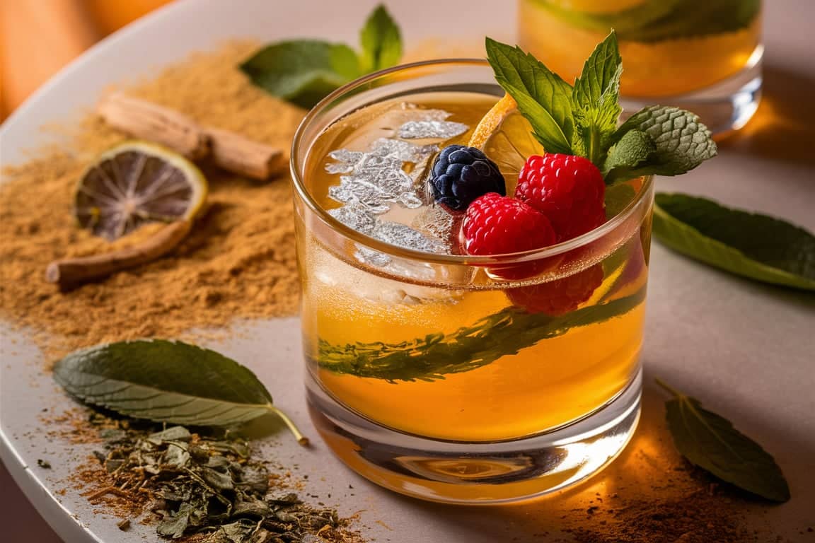 Cortisol cocktail recipe for stress relief, featuring adaptogens, magnesium, and vitamin C in a calming drink.