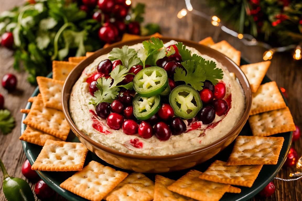 A vibrant Cranberry Jalapeño Dip served in a bowl, garnished with fresh cranberries, jalapeños, and cilantro.