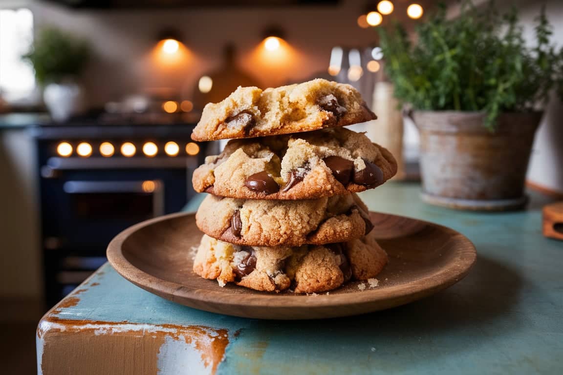 Freshly baked Crumbl-style cookies stacked on a wooden plate.