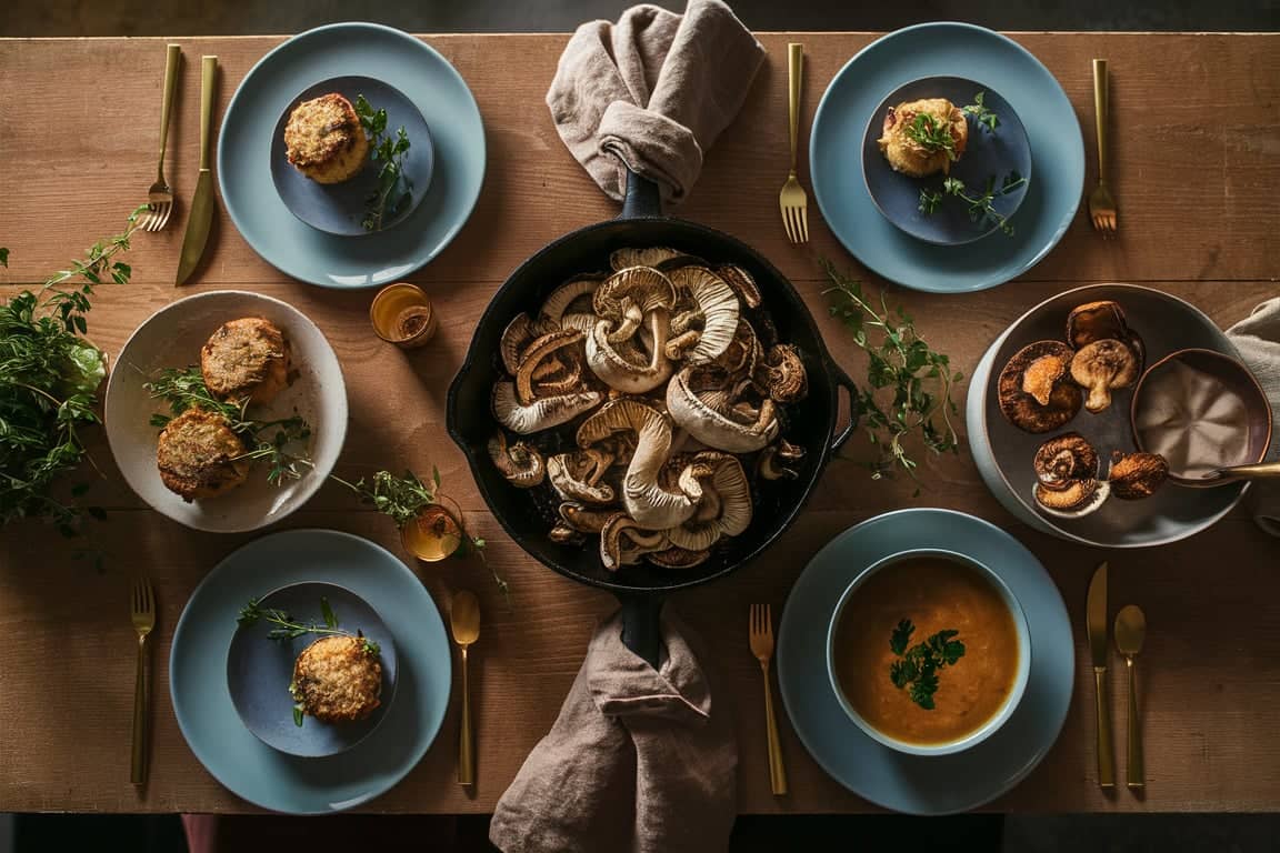 A variety of cooked Lion's Mane mushroom recipe on a wooden table