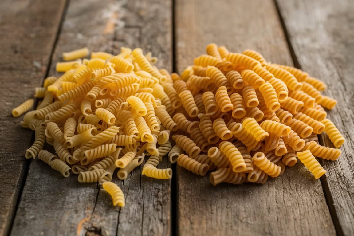 Close-up view of ditalini and macaroni pasta side by side on a wooden table.