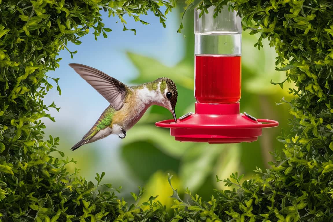 A close-up of a hummingbird feeding from a red nectar feeder in a garden