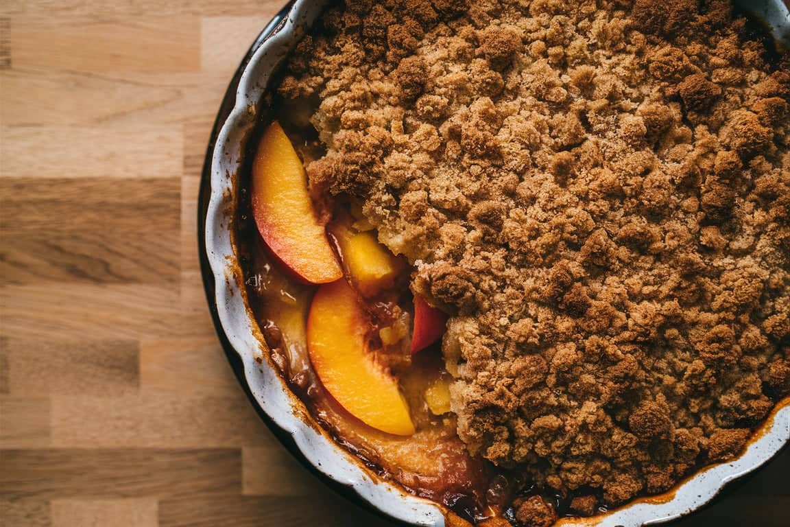 Freshly baked peach crumble in a rustic dish with a golden crispy topping