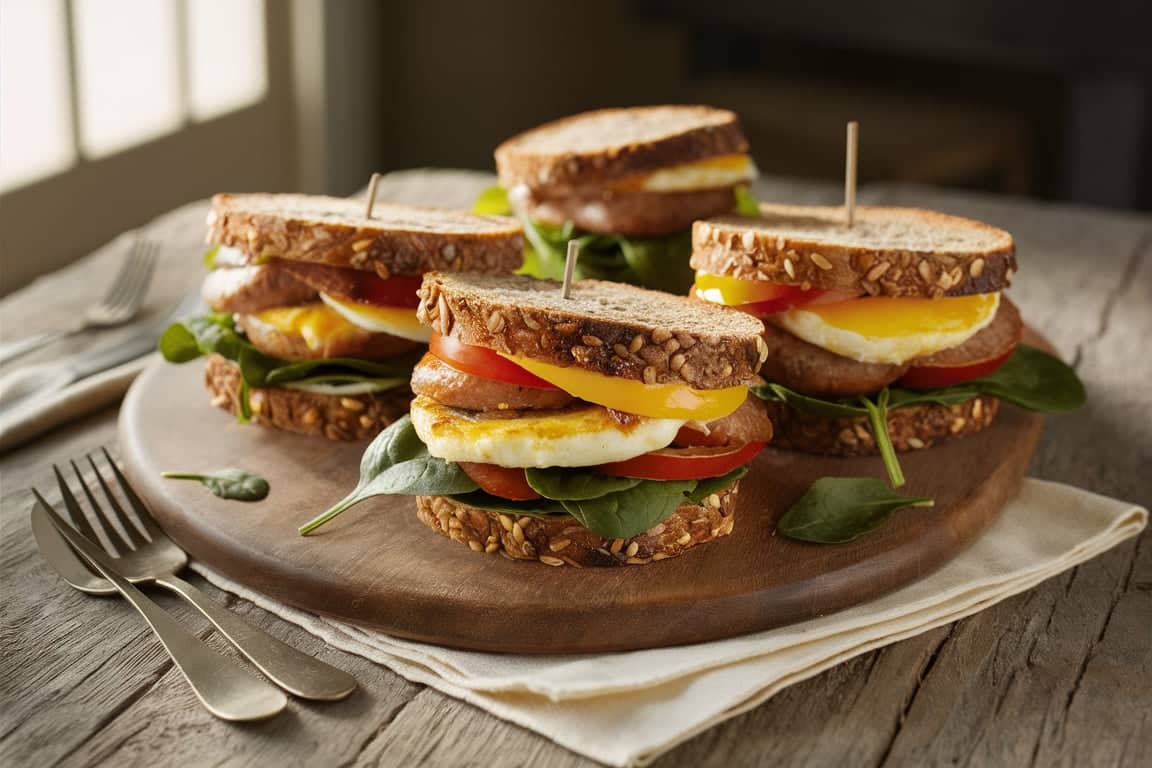 Are Jimmy Dean's Breakfast Sandwiches Healthy?A selection of healthy breakfast sandwiches with eggs, whole-grain bread, and vegetables on a wooden table.