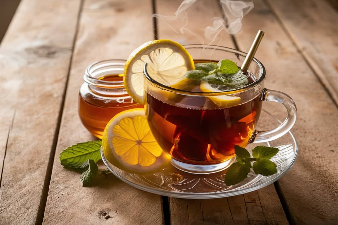 A clear glass cup of homemade Starbucks Medicine Ball tea on a wooden table surrounded by fresh lemon, honey, and mint leaves.