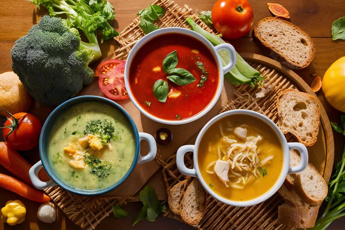 A variety of Panera-style soups, including Broccoli Cheddar, Tomato Basil, and Chicken Noodle, displayed with fresh ingredients like broccoli, tomatoes, and bread.