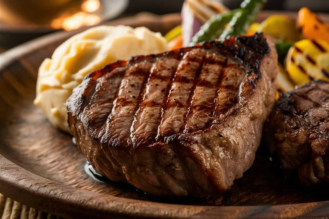 A thick, juicy Delmonico steak served with mashed potatoes and grilled vegetables.