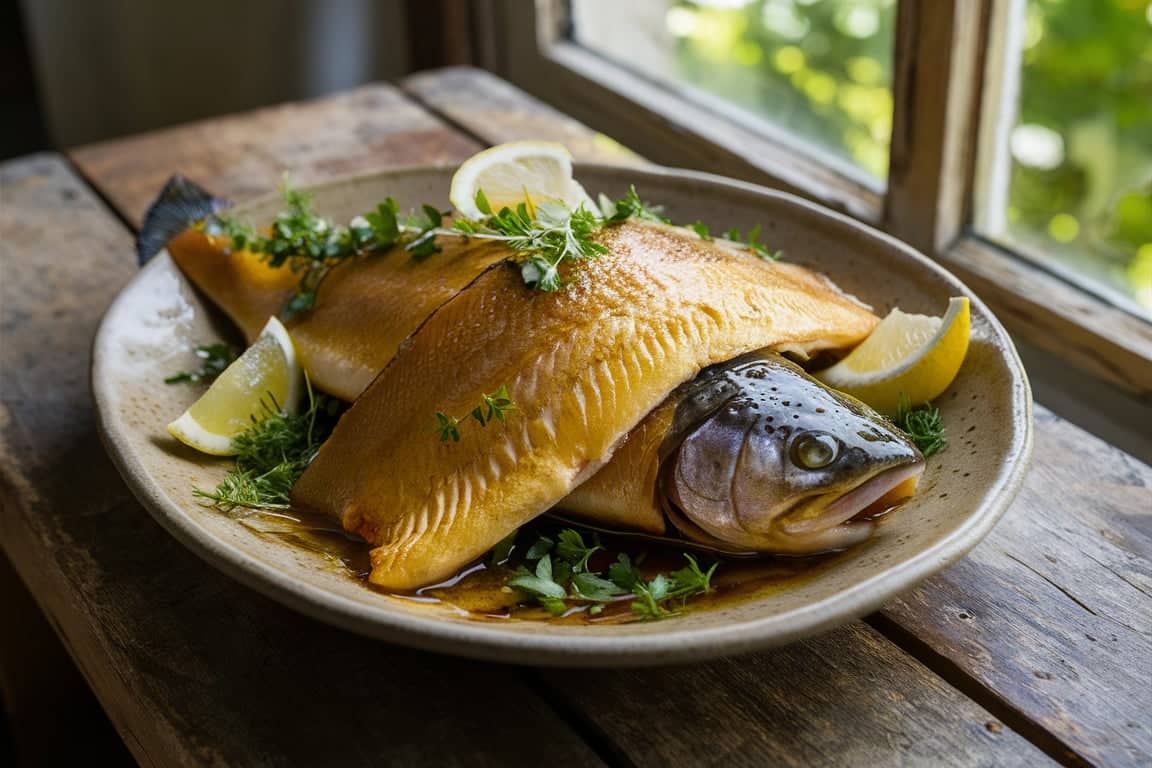 A perfectly cooked trout fillet served on a rustic plate with lemon wedges and fresh herbs.