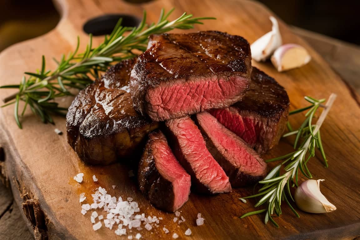 A thick cowboy steak cooked to perfection on a rustic wooden board with fresh herbs and seasoning.