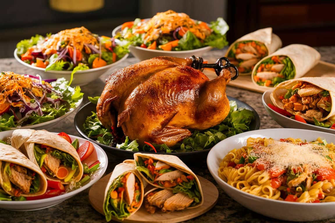 A variety of meals made from rotisserie chicken, including salads, wraps, and bowls, displayed on a kitchen counter.