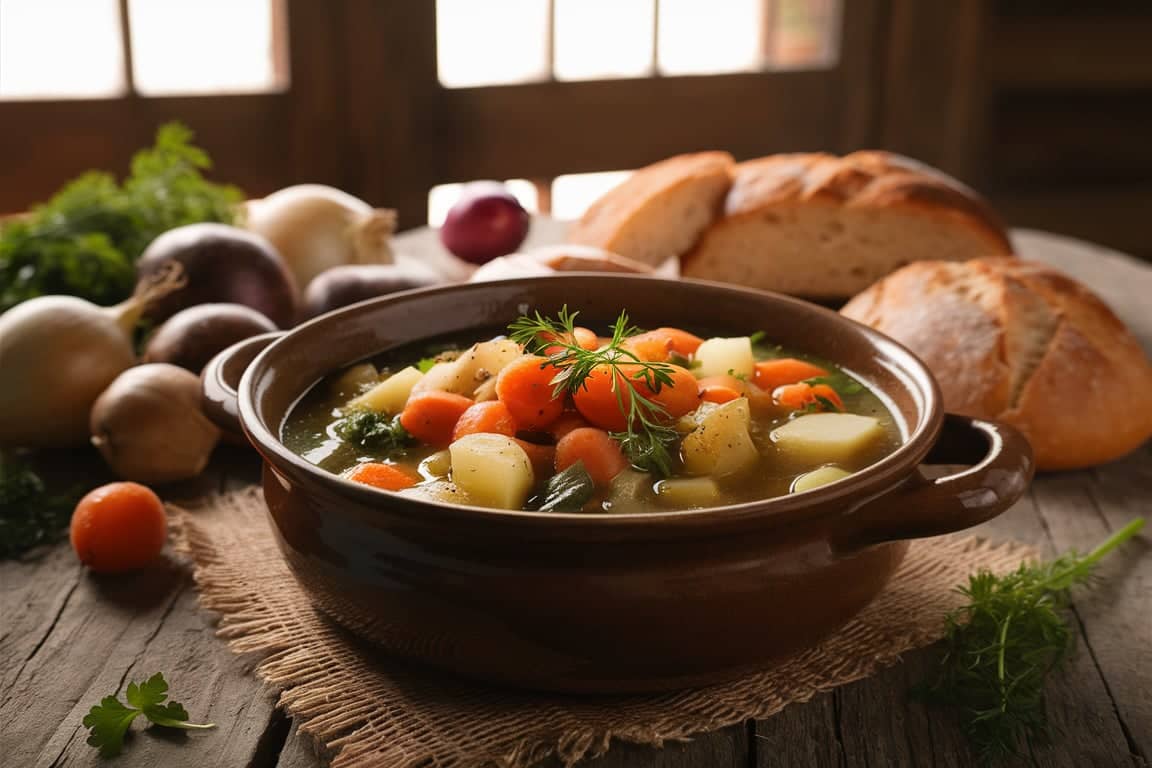 A rustic bowl of village soup surrounded by fresh vegetables like carrots, onions, and potatoes on a wooden table.