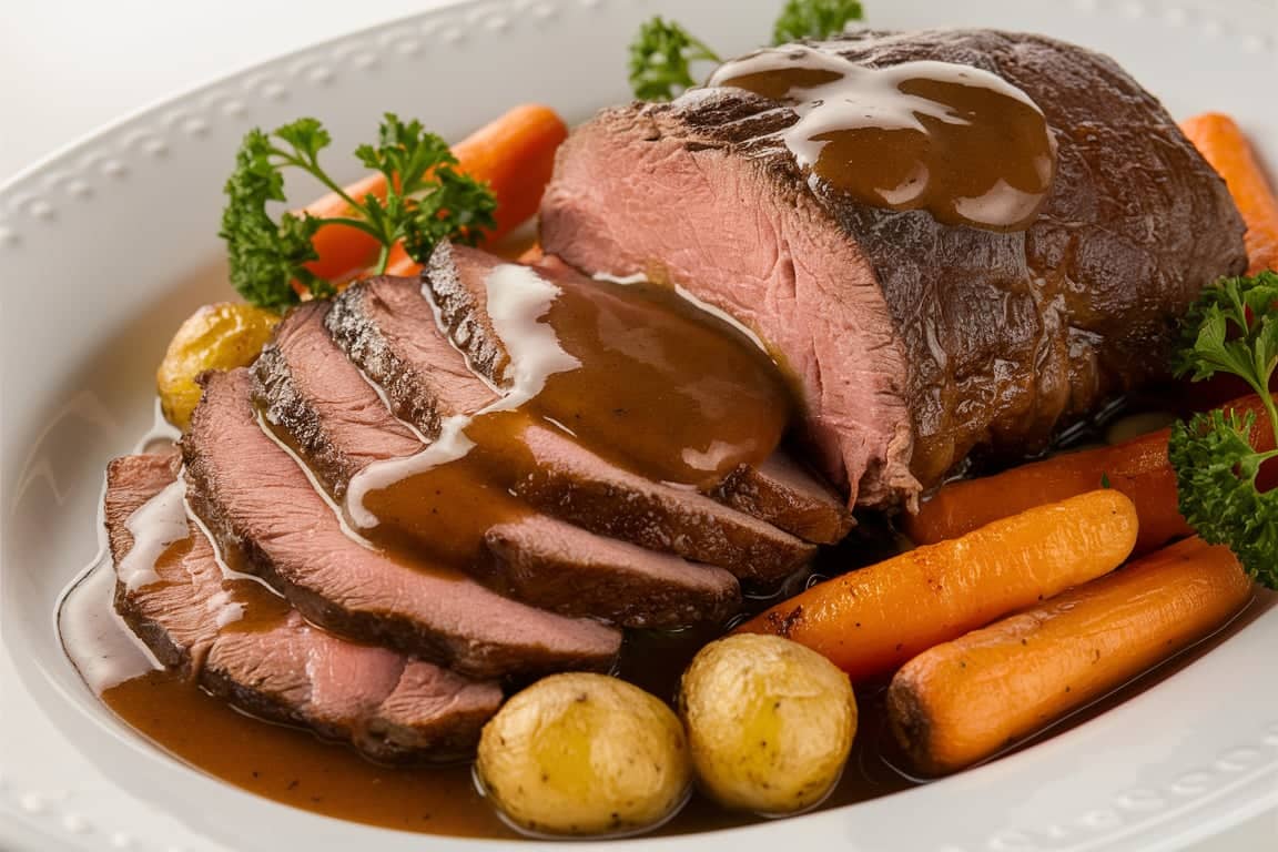 Sliced bottom round roast served on a white plate with gravy