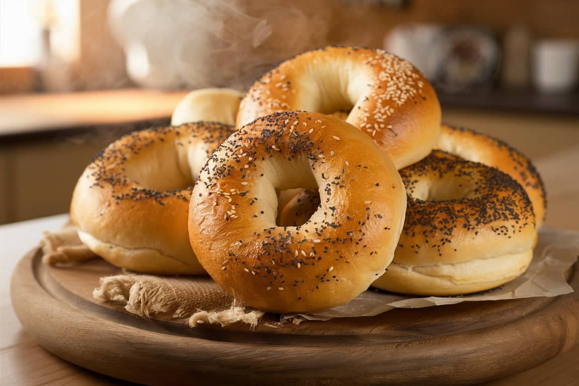 A variety of sourdough bagel recipe displayed on a wooden board with seeds and toppings.