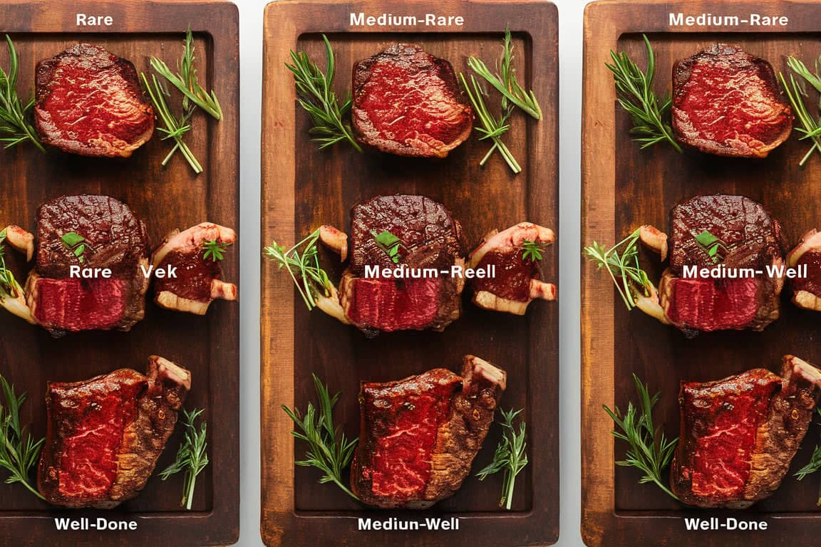 A chart showing levels of steak doneness with juicy steaks on a cutting board