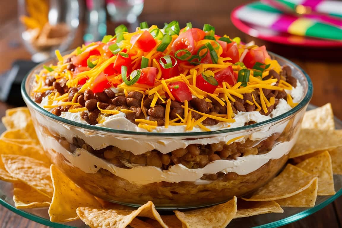 A layered taco dip in a clear glass dish, garnished with fresh vegetables, cheese, and tortilla chips.