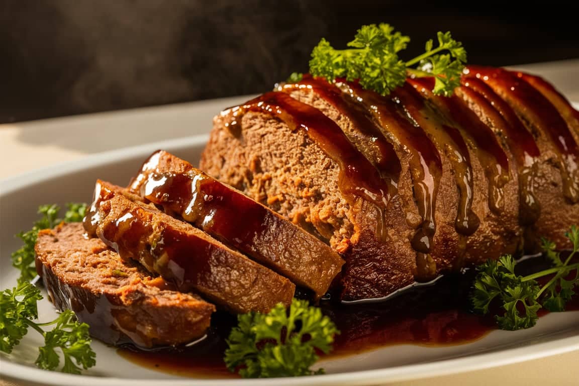 A perfectly moist meatloaf sliced to reveal its juicy interior, served on a rustic wooden board with garnishes.