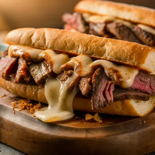 Philly cheesesteak with a perfectly seasoned ribeye steak, melted cheese, and fresh hoagie roll, presented on a wooden board.