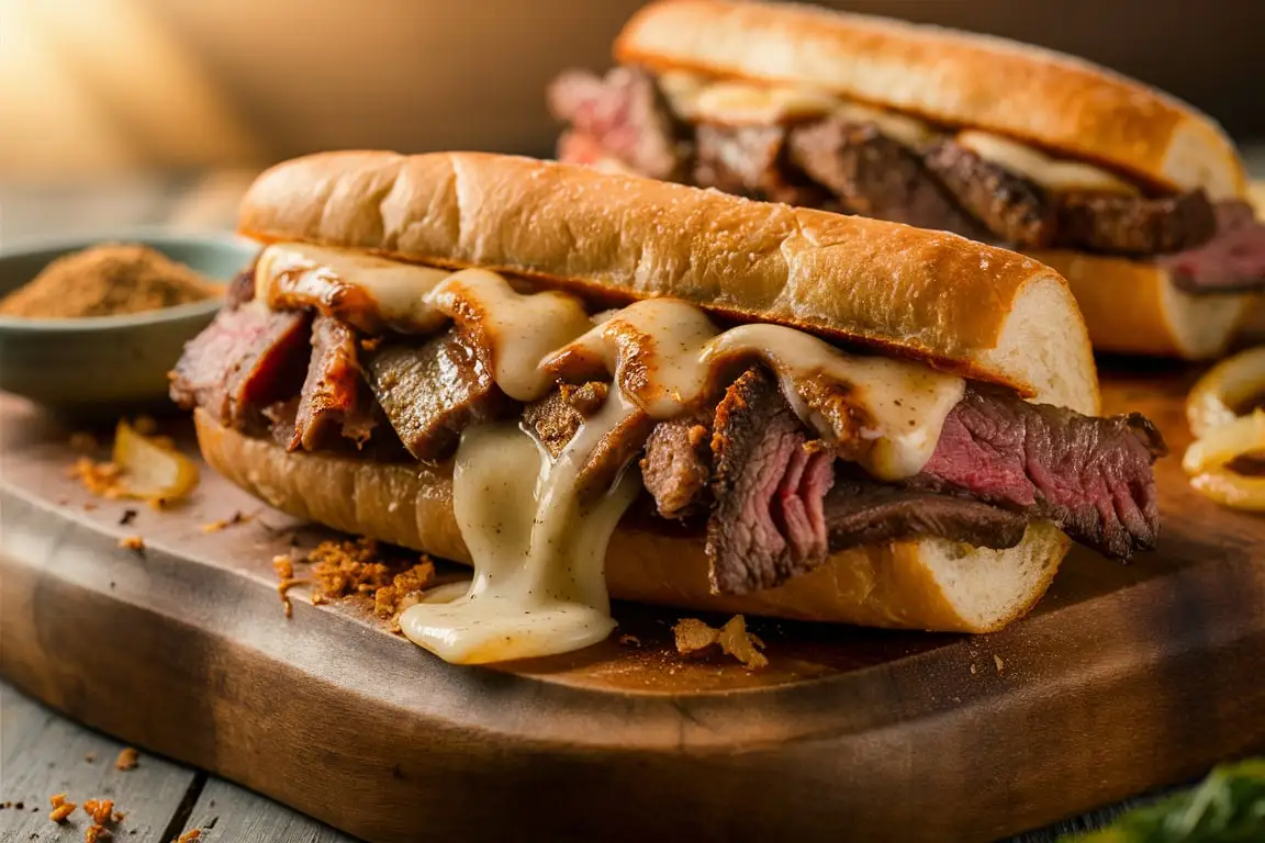 Philly cheesesteak with a perfectly seasoned ribeye steak, melted cheese, and fresh hoagie roll, presented on a wooden board.