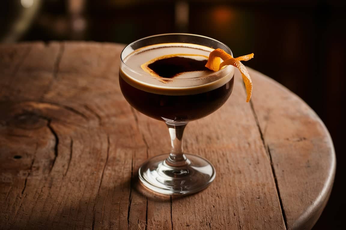 Classic Carajillo recipe with coffee and Licor 43 in a clear glass, garnished with orange peel.